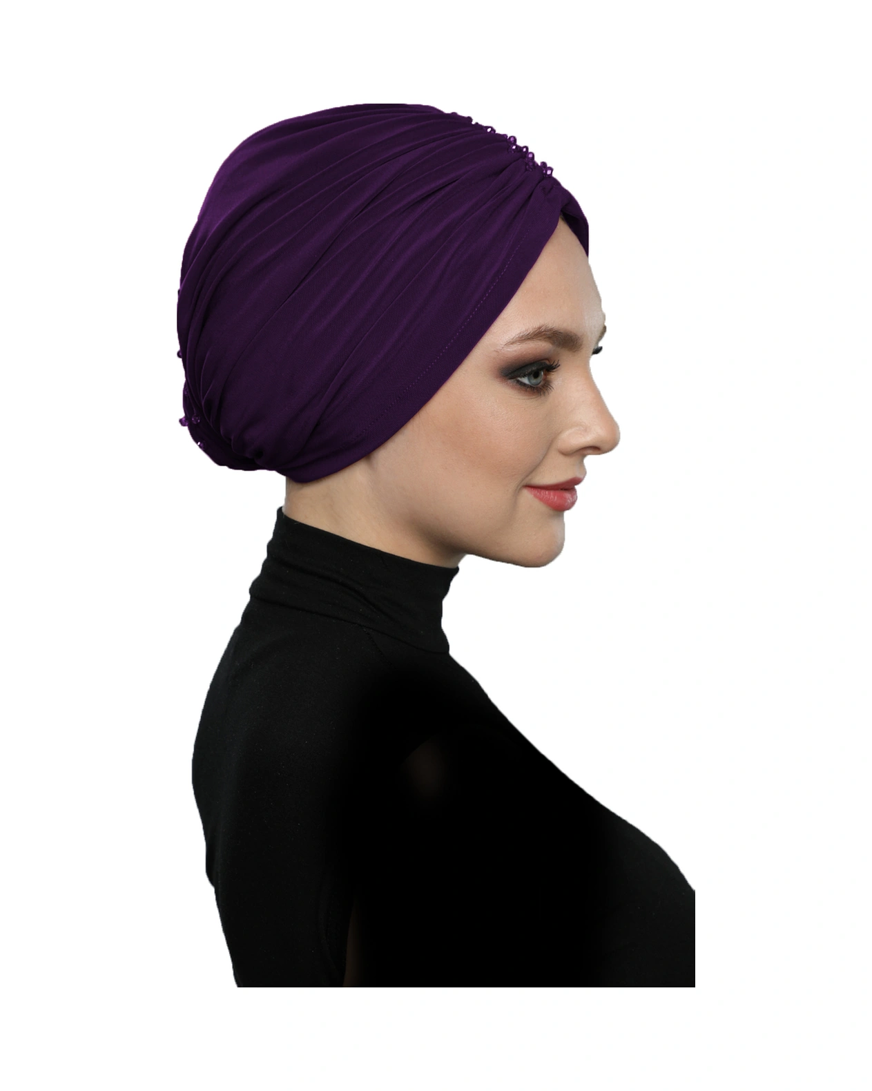 Kristal Yelpaze Taş Işlemeli Çift Taraflı Astarlı Mor Hazır Türban Tesettür Abiye Bone Mor