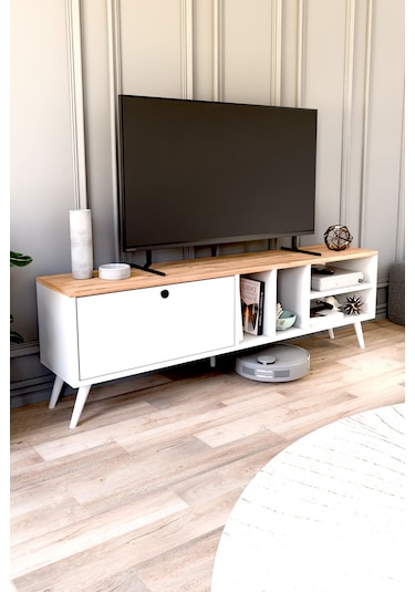 Buka Tv Sehpası, Tv Standı, Televizyon Ünitesi Beyaz - Atlantik Çam