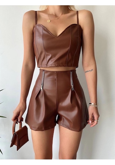 Defymoda Çift Fermuarlı Deri Şort Kahve H24394 Kahve