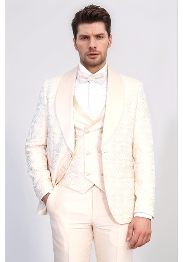 Dalgalı Desenli S Al Yaka Yelekli Krem Smokin - Wessi Krem