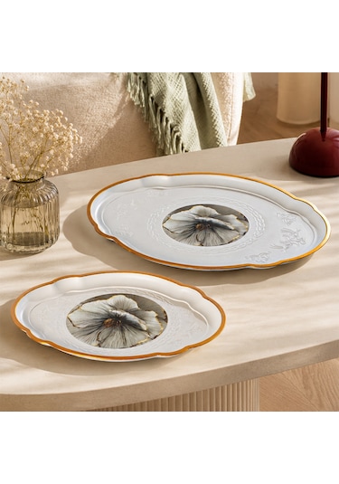 Porsima 5817 2li Dekoratif Oval Servis Tepsi Seti - Çay Ve Kahve Kahvaltılık Sunum Tepsisi Çok Renkli