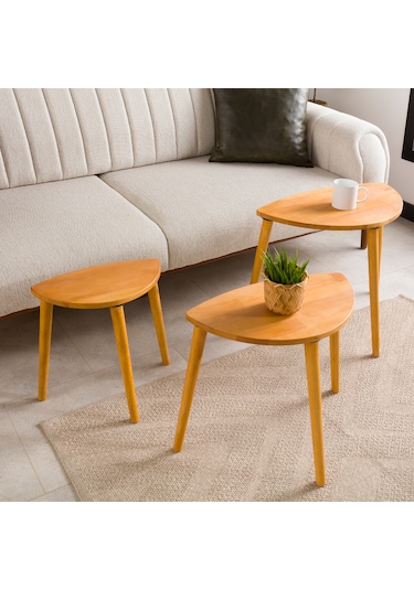 Furnirem Elips Yan Sehpa 3'lü Zigon Set, Masif Doğal Ahşap Meşe