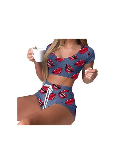 Mavi Moda Kadın O-boyun Kısa Kollu Şort Ev Giyim Pijama Elastik Bel Çizgili Sleepweara Mavi Mavi Moda Kadın O-boyun Kısa Kollu Şort Ev Giyim Pijama Elastik Bel Çizgili Sleepweara Mavi