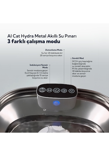 Aı Cat Hydra Metal Kablosuz Sensörlü Akıllı Kedi Su Pınarı - 304 Paslanmaz Çelik & 60 Gün Şarj