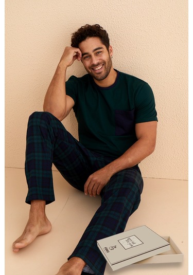 Kutulu- Premium Pamuklu Kısa Kollu Erkek Pijama Takımı- Ekose Babalar Günü Hediyesi Yesil