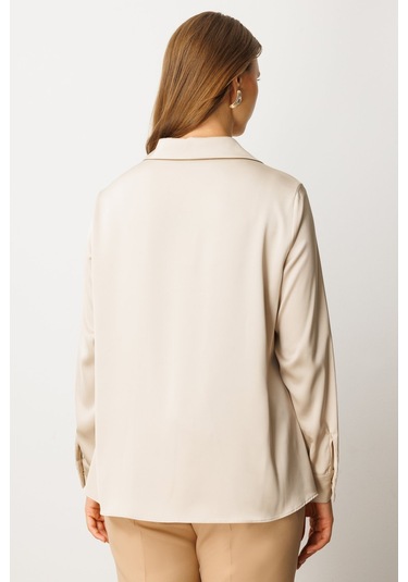 Ekol Kadın Büyük Beden Düğmeli Saten Gömlek 3505 İnci İnci