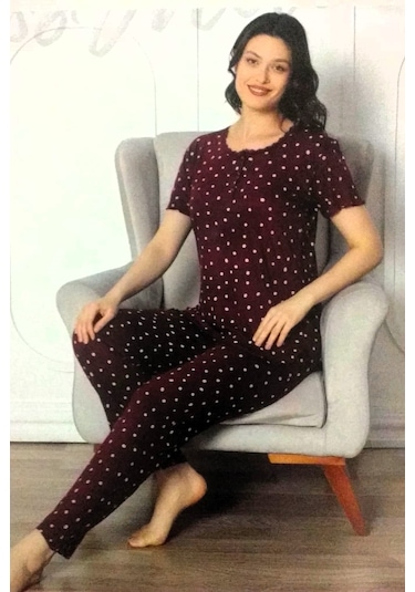 Miss Melina Bambu Kısa Kol Kadın Pijama Takımı Puantiyeli Bordo