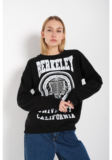 Modagen Kadın Siyah Berkeley Baskılı Bisiklet Yaka Oversize Sweatshirt Siyah