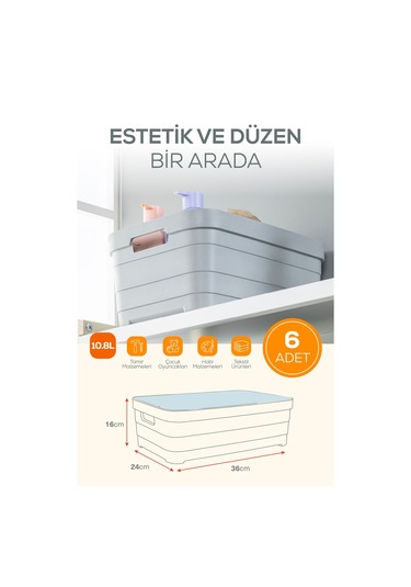 6'lı Kapaklı 10,8 Litre Saklama Kutusu Antrasit Antrasit
