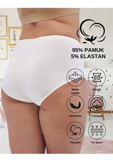 Kadın Büyük Beden Külot Battal Full Brief, Yüksek Bel 5xl, 6xl, 7xl 5 Farklı Renk 1 Pakette Beyaz