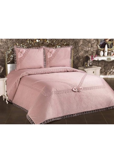 Gelincik Kapitoneli Fransız Güpürlü Yatak Örtüsü Pudra