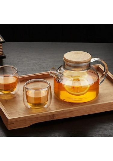 Toptanfoni 1000 Ml Bambu Kapaklı Isıya Dayanıklı Cam Bitki Çayı Demliği Cam Sürahi Şeffaf