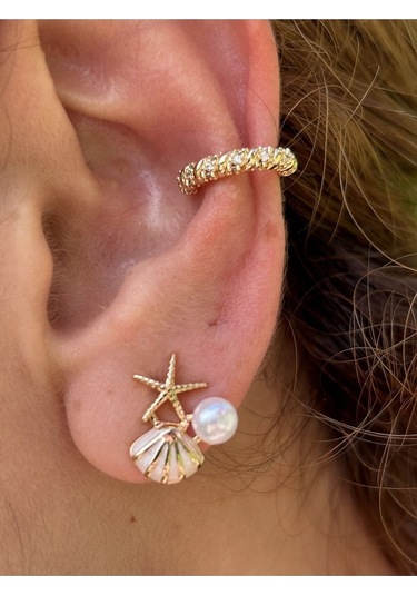 Bymerve Bym531 Çift Midye Model Mini İncili ve Taşlı Kadın Çelik Küpe Gold