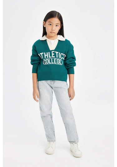 DeFacto Kız Çocuk Polo Yaka Yazı Baskılı Triko Kazak D3190A824WNGN994 Yeşil