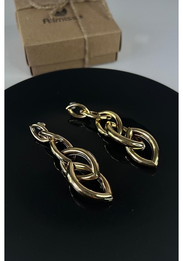 Gold İç İçe Geçmeli Elips Model Sallantılı Çelik Küpe Gold