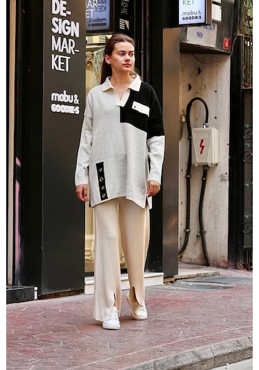 Kuş Gözü Triko Takım Beyaz Beyaz