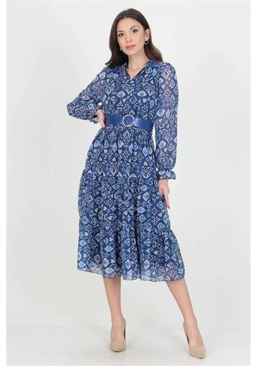 Neşeli Butik Kadın Kemerli Yakası Bağlama Detaylı Desenli Şifon Elbise Rssn02 Mavi