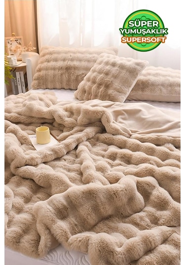 Kürk Yatak Örtüsü Çift Kişilik Dolgulu Peluş Yumuşak Çift Taraflı Yorgan 3 Parça Loria Kahve Kahverengi