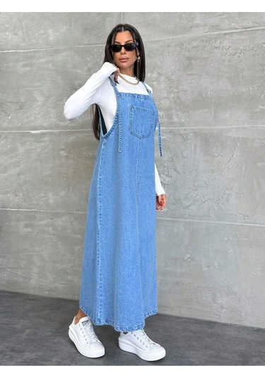 Shevega Kadın Uzun Mavi Bahçivan Askili Elbise Lacivert