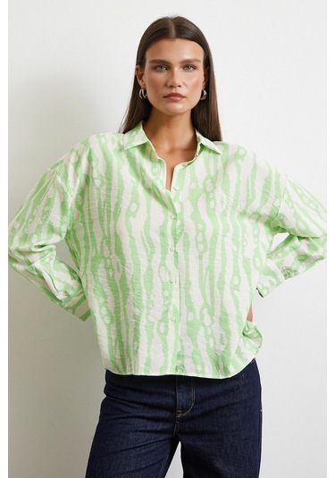 Zebra Desen Modal Gömlek Yeşil Yeşil
