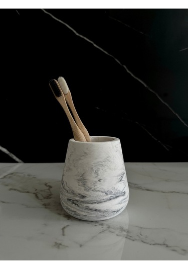 Beton Kalemlik Dekoratif Aksesuar El Yapımı Diş Fırçalık Minik Vazo Beyaz-siyah