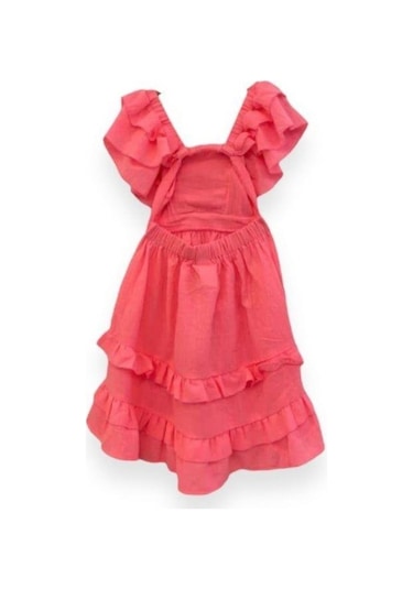 Kız Çocuk Askılı Dokuma Sırtı Açık Elbise-13744 Neon Pembe