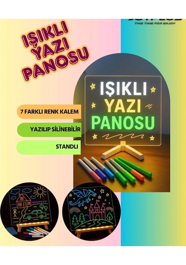Neon Işıklı 7 Renk Işık Boyama Kalemli Led Resim Panosu Boyama Tahtası Kalemleri 20 X 20 Renkli