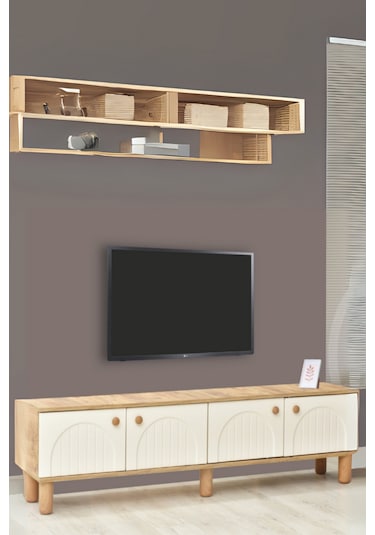 Lidya Tv Sehpası Atlantik Çam Krem Renkli 4 Kapaklı Tasarım 180x36x50Cm