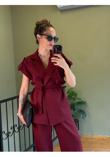 Ali Butik Bordo Kuşaklı Keten Yelekli Takım