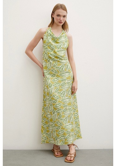 Degaje Yaka Maxi Elbise Yeşil Yeşil