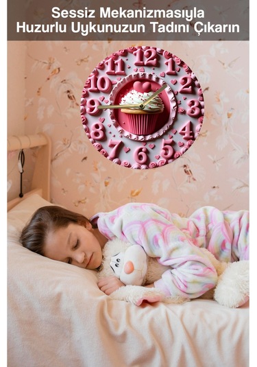 Kalpli Cupcake Temalı Mdf Duvar Saati 33 Cm, 3d Görünümlü, Sessiz Mekanizmalı, 2d Hd Baskı Sdw238 Renkli