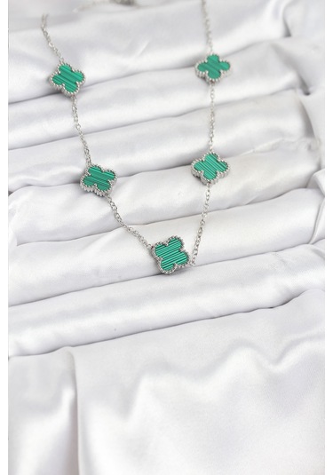 316l Çelik Zincir Gümüş Renk Yeşil Yonca Kadın Kolye Renkli