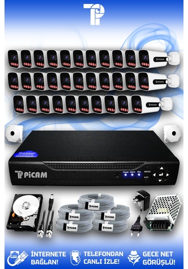 Picam 32 Kameralı Zebra 32 Dış Kamera Set 100 Gb 5 Mp 2k Net Gece Görüşlü Güvenlik Kamerası Sistemi