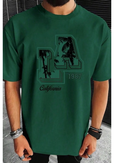 Erkek La California 1987 Baskılı Oversize Tshirt Yeşil