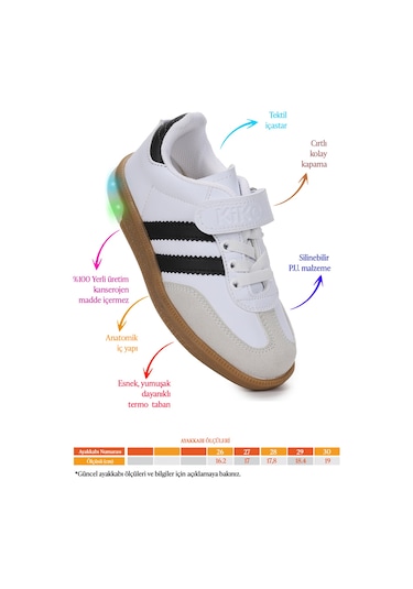 Kiko Kids Renis Günlük Cırtlı Işıklı Kız Çocuk Spor Ayakkabı Beyaz - Siyah Beyaz - Siyah