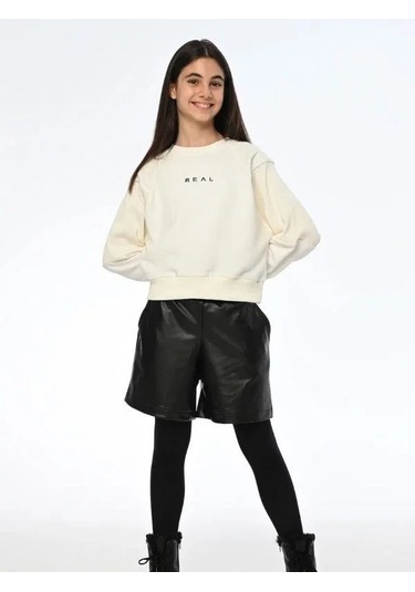 Kız Çocuk Real Yazılı Kısa Sweatshirt-13540 Ekru