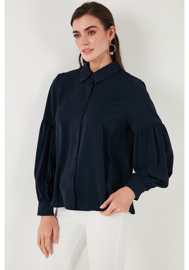 Lela Regular Fit Dikiş Detaylı Düz Yaka Balon Kol Bayan Gömlek 611Go00003 Lacivert