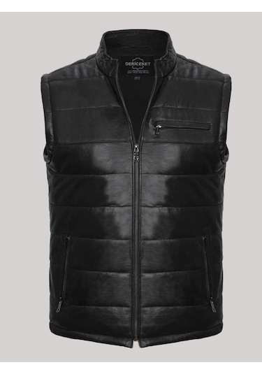 Hakiki Kuzu Derisi Siyah Şişme Fermuarlı Erkek Yelek Siyah