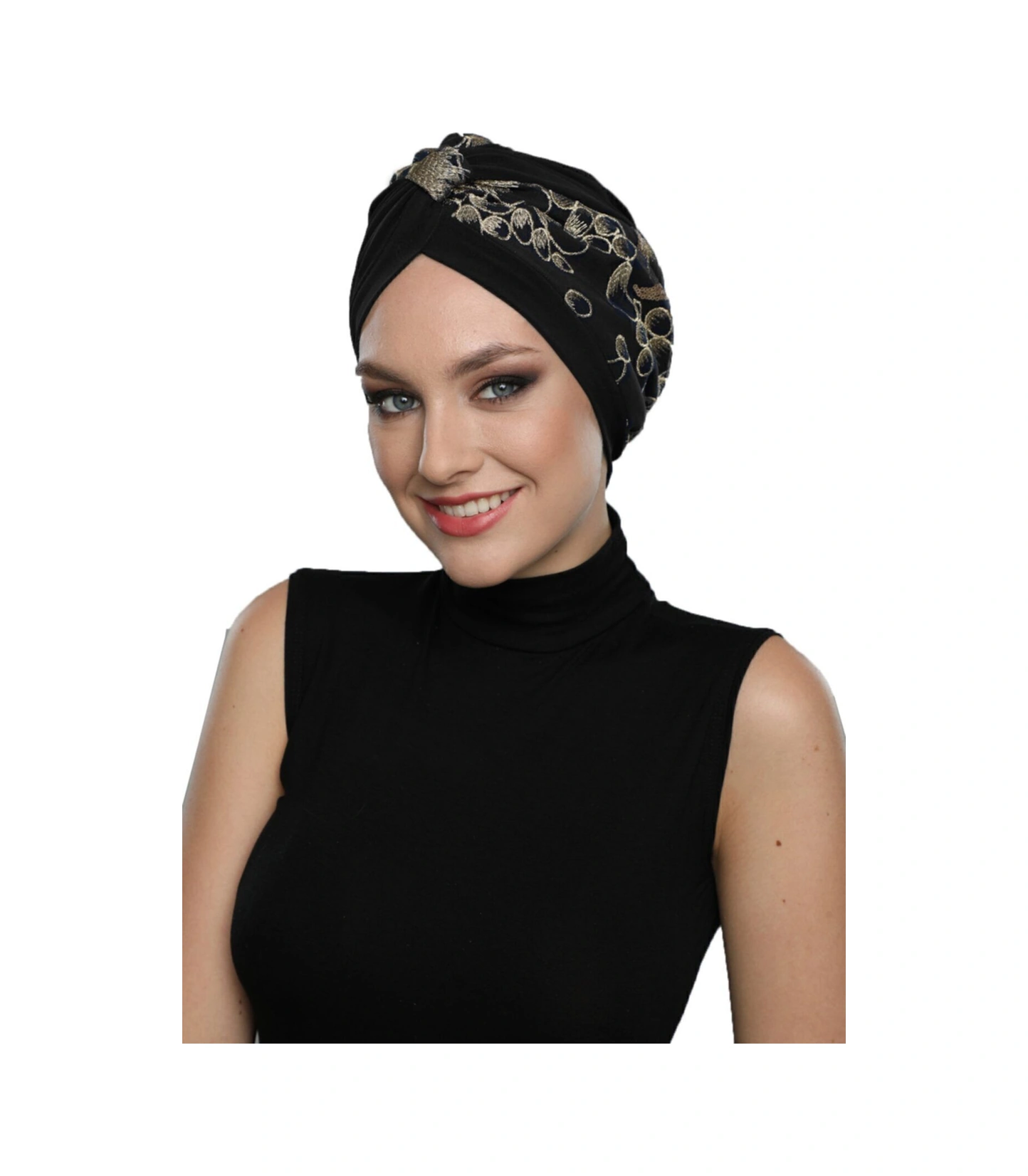 Özel Tasarım Siyah Üzeri Bej Nakışlı Oval Desenli Astarlı Hazır Türban Tesettür Abiye Bone Siyah23