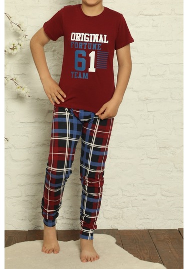 Erkek Çocuk Pijama Takımı Kısa Kollu Pamuk Garson Likralı Bordo M Bordo