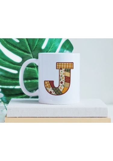 J Harfi Sonbahar Kış Temalı Yamalı Tasarım Kupa Bardak - Etnik Ve Pathwork Severlere Özel Hediye Beyaz