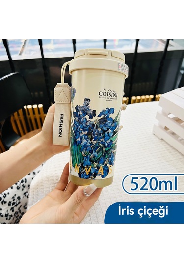 Çift İçecek Kahve Fincanı Kadın Yüksek Değerli Seramik Astar 316 Paslanmaz Çelik Termos Bardak Araba Basit Pipet Bardak 367 Çift İçme Paslanmaz Çelik İris Çiçeği