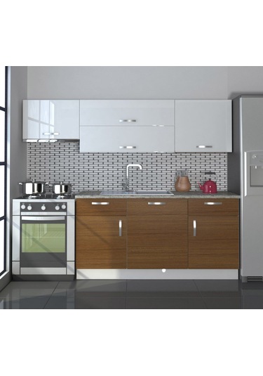 Decoraktiv Prestij 220 Mdf Hazır Mutfak Dolabı - Tezgah Dahil - Ceviz Beyaz Beyaz - Ceviz