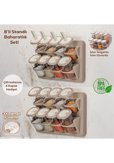 Porsima 1116 Standlı Kaydırmalı Kaşıklı Baharatlık Seti Cappuccin Cappuccino