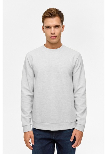 Süvari Bol Kesim O Yaka Melanj Desenli Waffle Sweatshirt Taş S01