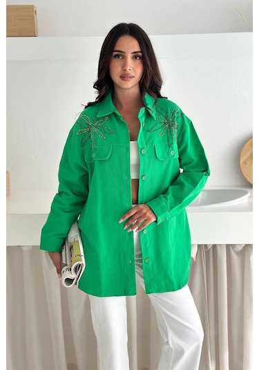 Asprin Fashion Taş Detaylı Gömlek Yeşil Yeşil
