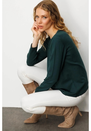 Desen Triko Kadın Sıfır Yaka Önü Pileli Boncuklu Ligralı Bluz 25095 Yeşil Yeşil