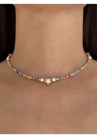 24k Altın Kaplama Gerçek İnci Kum Boncuk Tasarım Bohem Kolye Renk Çok Renkli