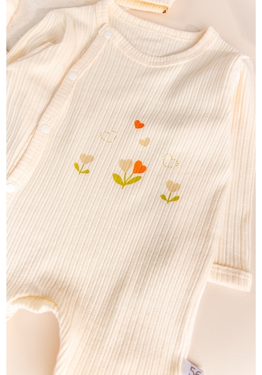 Babymod Çiçek Desenli Şapkalı 2'li Pamuklu Kız Bebek Tulum Set Ekru