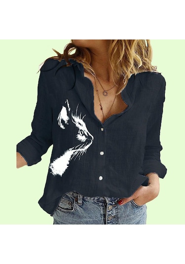 Siyah Bayanlar Rahat Kedi Baskı Bluzlar Kadın Moda Yaka Yaka Hırka Gömlek Ince Pamuk Keten Üst Siyah Bayanlar Rahat Kedi Baskı Bluzlar Kadın Moda Yaka Yaka Hırka Gömlek Ince Pamuk Keten Üst